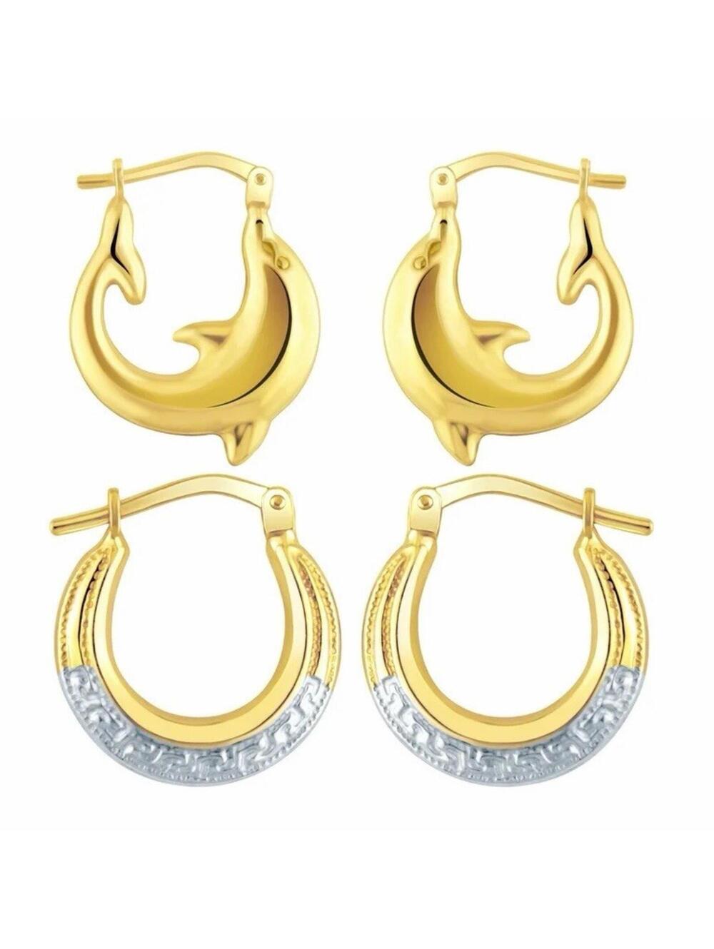 Brilliance Fine Jewelry 14K GP Sterling Silver Dolphin & Greek Key Hoop Earrings